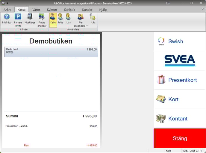 Delbetala ett kvitto med presentkort i JobOffice Kassasystem
