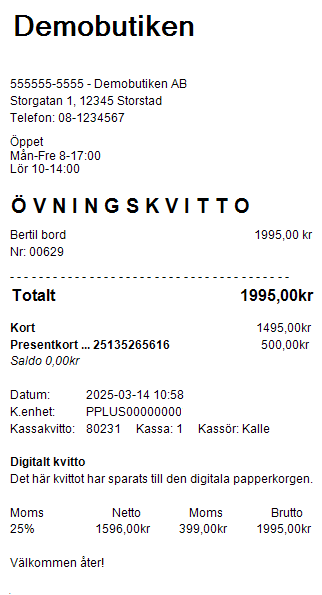 Kvitto från JobOffice Kassasystem betalt med presentkort och kortbetalning