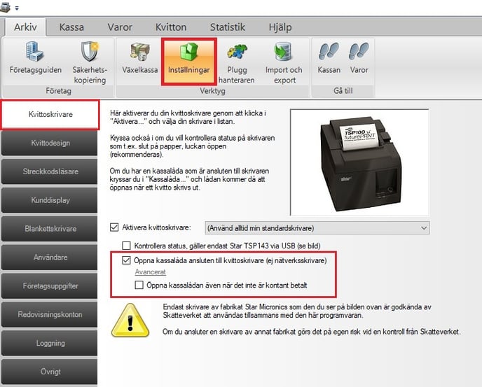 Inställnignar för att öppna kassalådan automatiskt i JobOffice Kassa