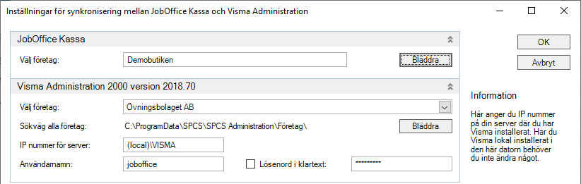 Välj företag och ställ in server för integrationen mellan Visma Administration och JobOffice Kassa