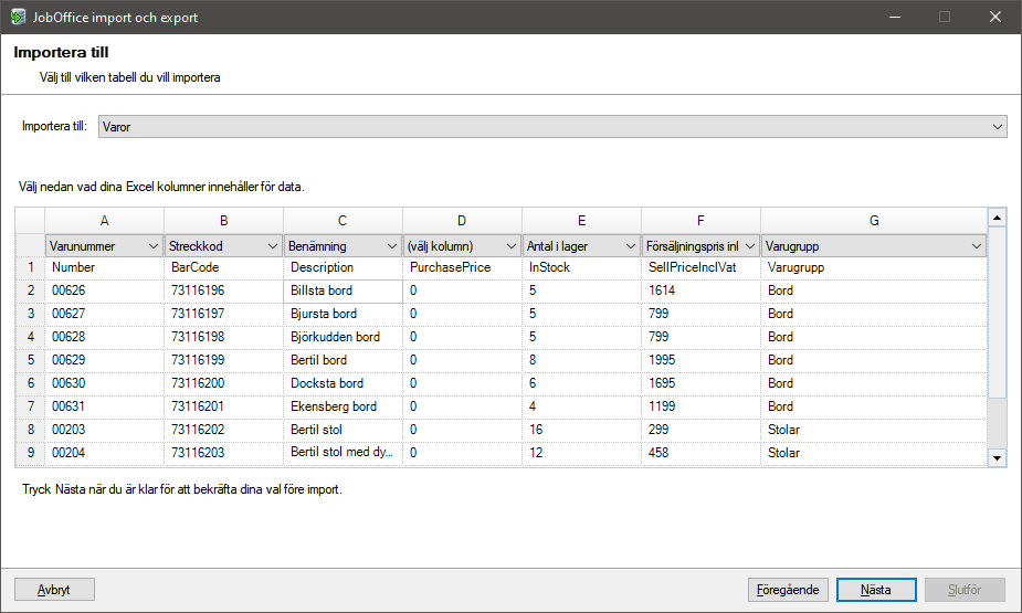 Importera varor från Excel till JobOffice Kassa