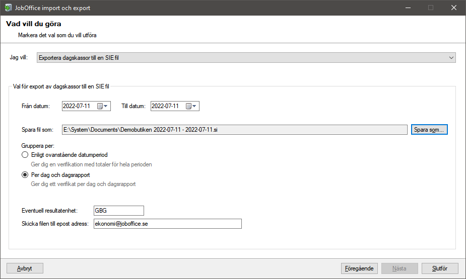 Exportera dagskassor till SIE-fil från JobOffice Kassa